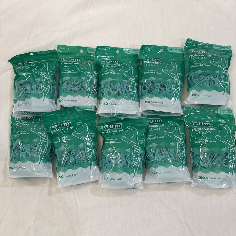 LOT OF 10 GUM PROFESSIONAL CLEAN 150CT FLOSS PICKS IN EA = 1500 FLOSS PICKS TTL